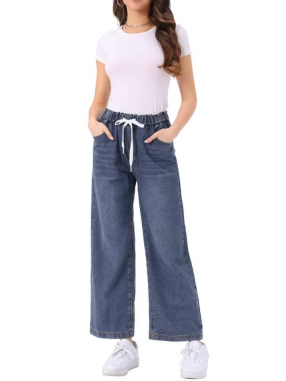 ✨ NWT INSPIRE CHIC Grey Blue Wide Leg Drawstring Jeans L